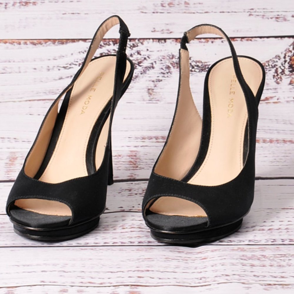 Pella Moda, Sling Back, Satin Black Pump, Size 6.5